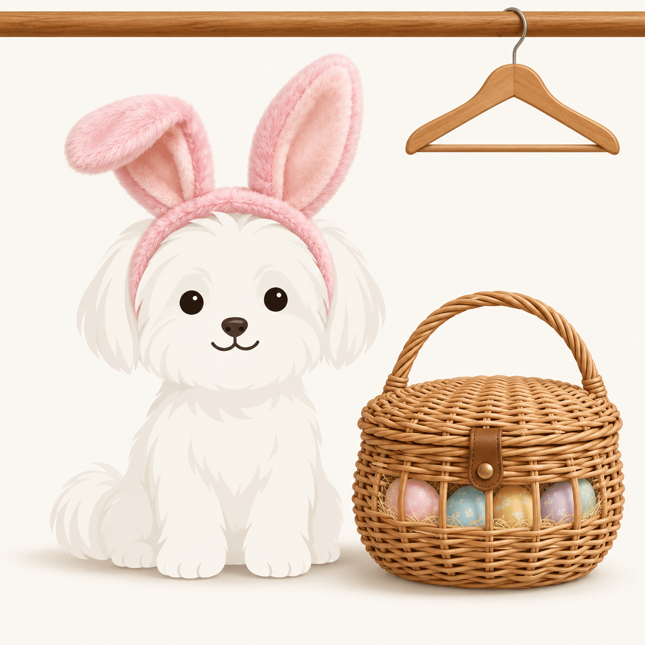 Illustration of a Maltese in bunny ears beside a closed wicker Easter basket