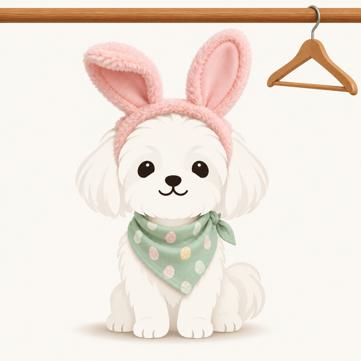 Illustration of a Maltese in bunny ears and a pastel Easter bandana