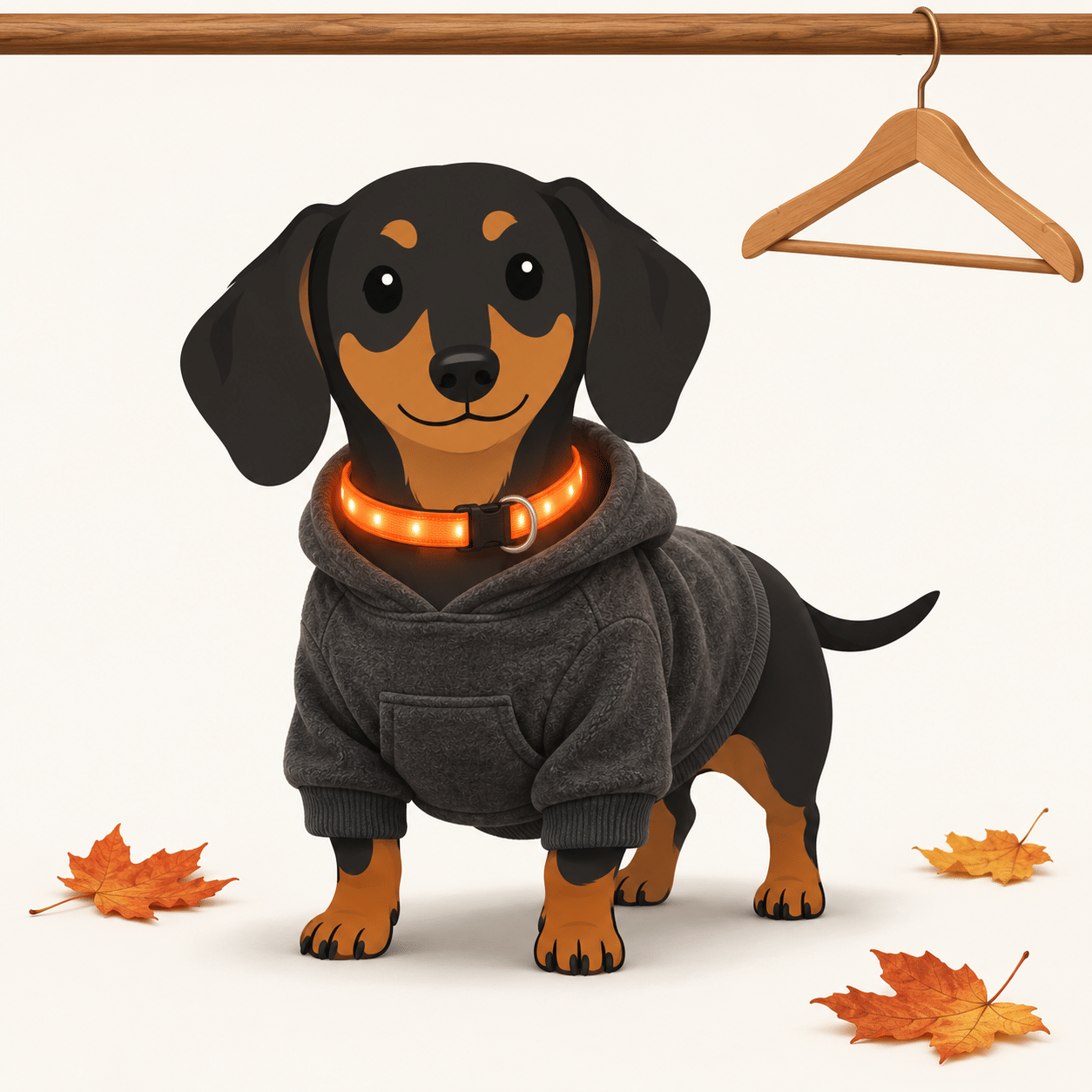 Illustration of a dachshund in a fleece hoodie and a glowing LED collar with fallen leaves