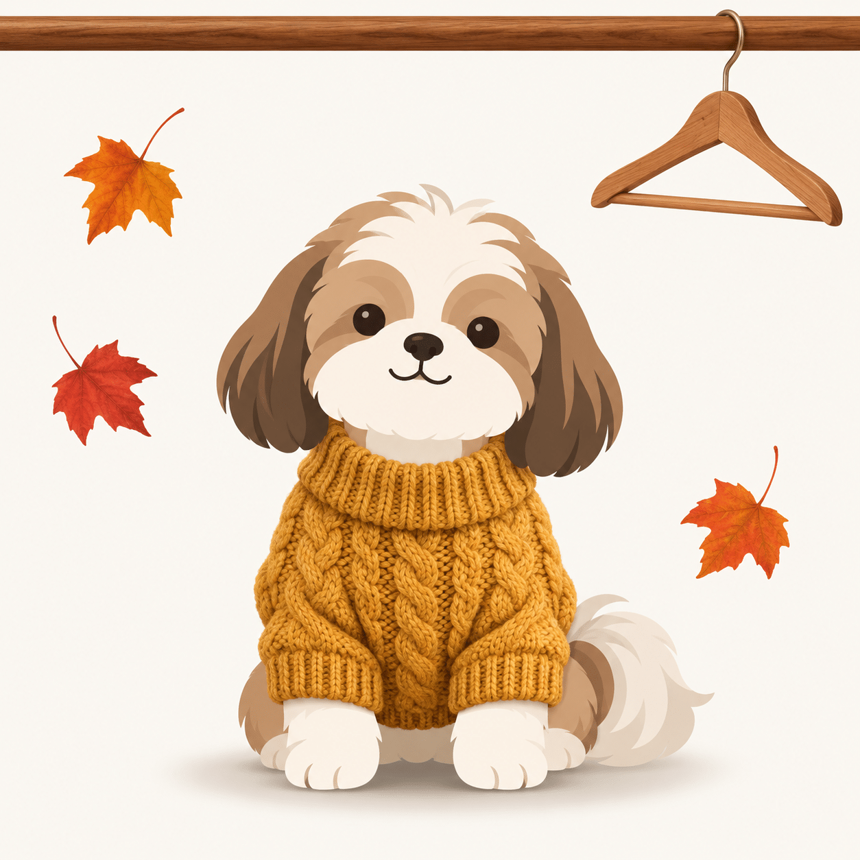 Illustration of a Shih Tzu in a mustard knit sweater with falling leaves
