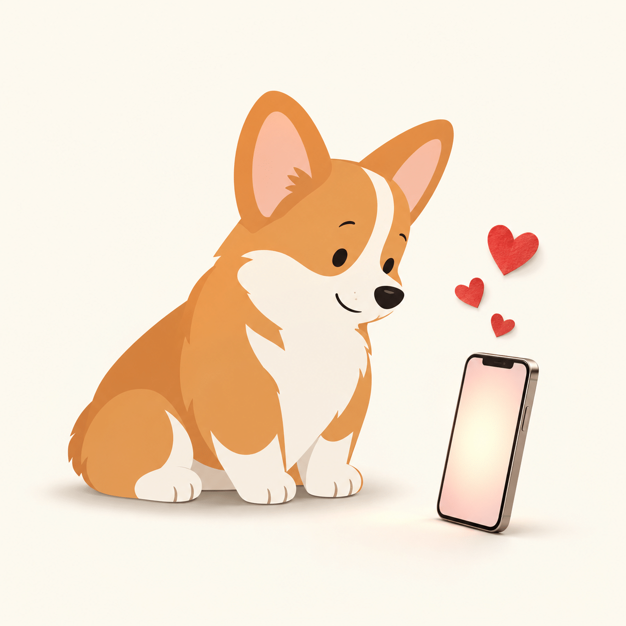 Illustration of a corgi looking at a phone with hearts rising from it