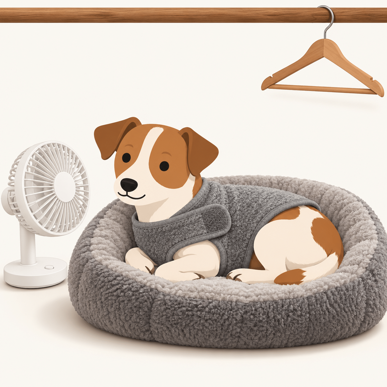 Illustration of a Jack Russell terrier in a grey pressure-wrap vest lying on a dog bed beside a small fan