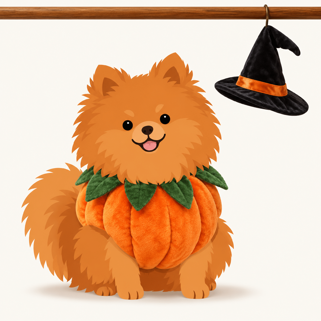 Illustration of a fluffy orange Pomeranian in a pumpkin Halloween costume