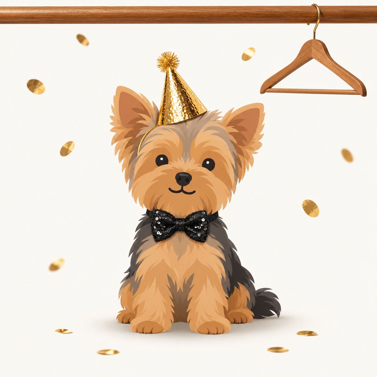 Illustration of a Yorkshire terrier in a sequined bow tie and party hat for New Year's Eve