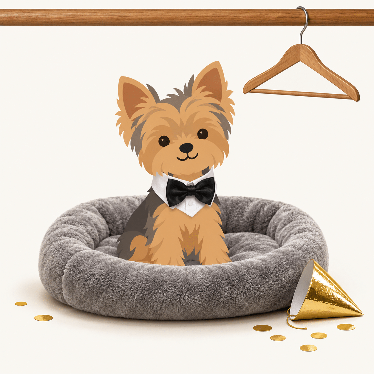 Illustration of a Yorkshire terrier in a tuxedo collar on a dog bed with a gold party hat and confetti