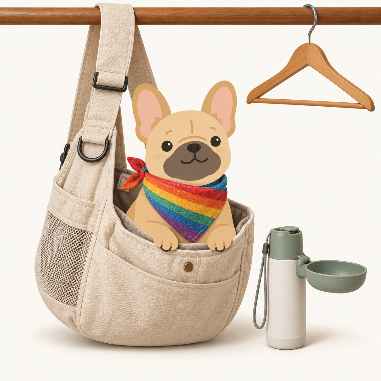 Illustration of a French bulldog in a rainbow bandana riding in a sling carrier beside a dog water bottle