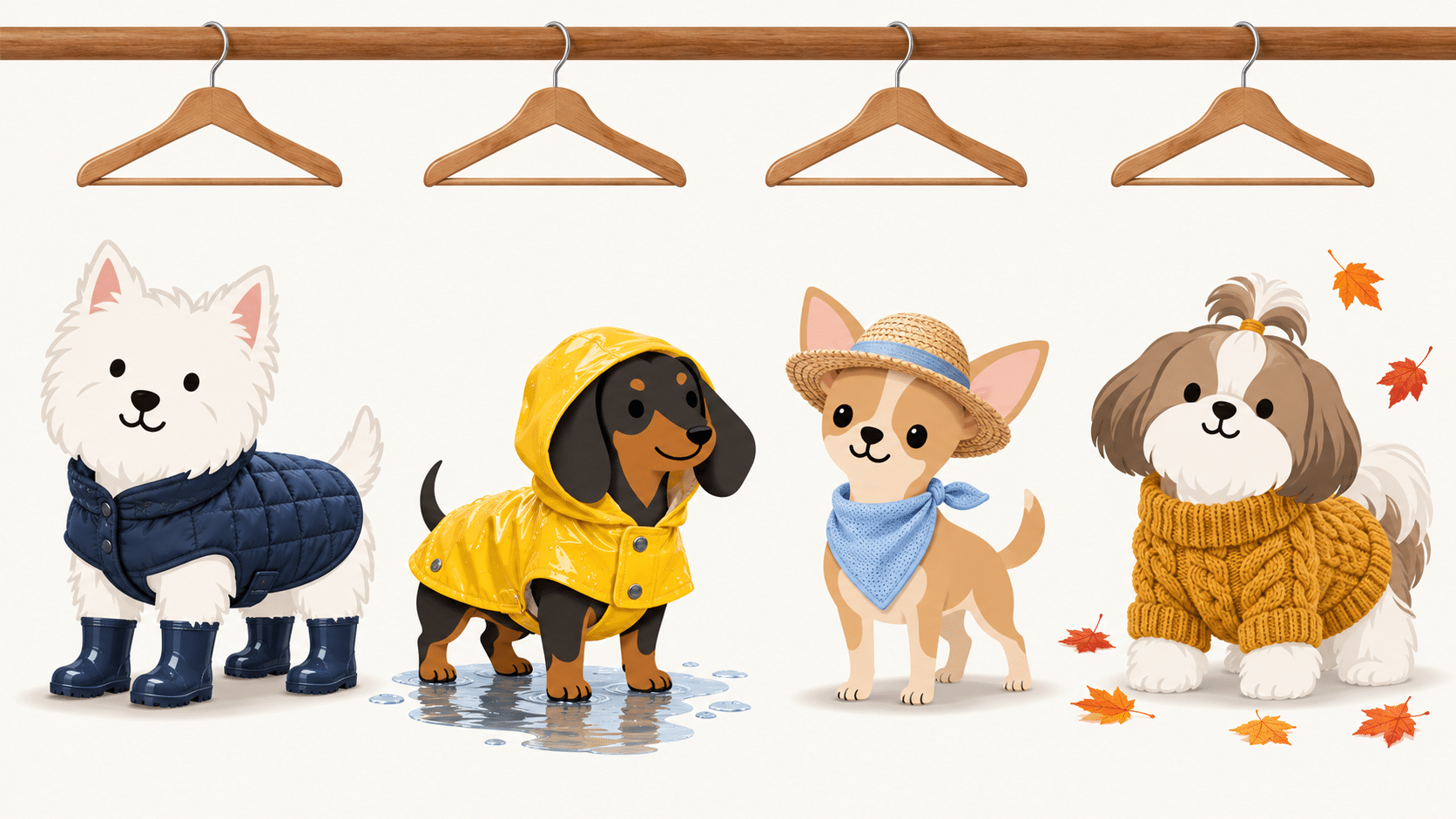 Illustration of four cartoon small dogs dressed for winter, spring, summer, and fall
