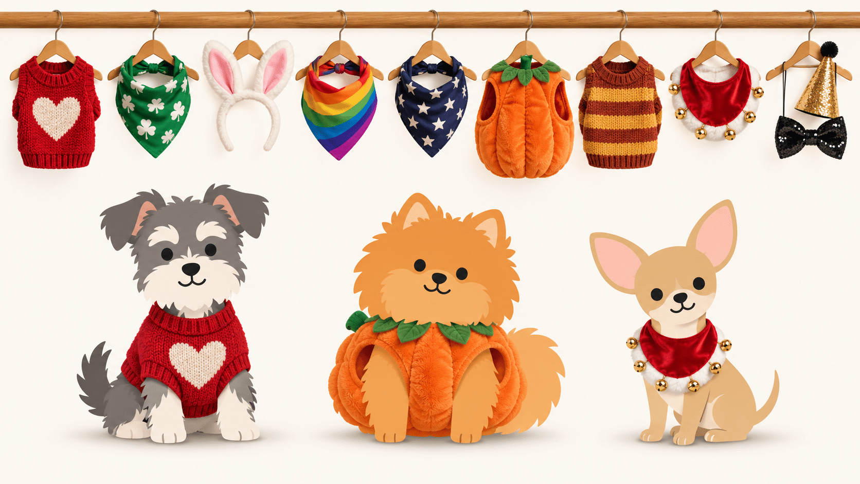 Illustration of a closet rail of holiday dog outfits with three cartoon small dogs dressed for Valentine's Day, Halloween, and Christmas