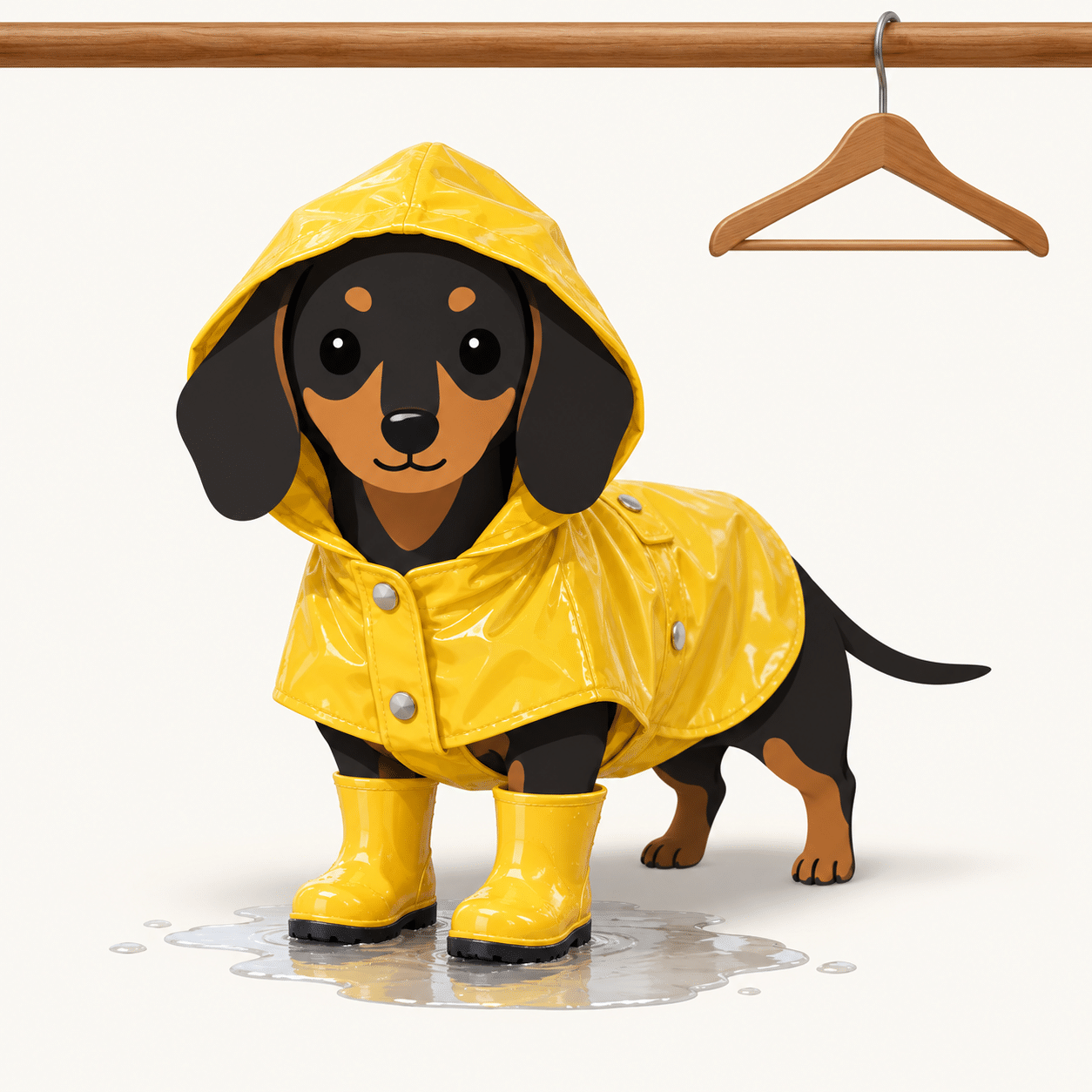 Illustration of a dachshund in a yellow raincoat and rubber boots