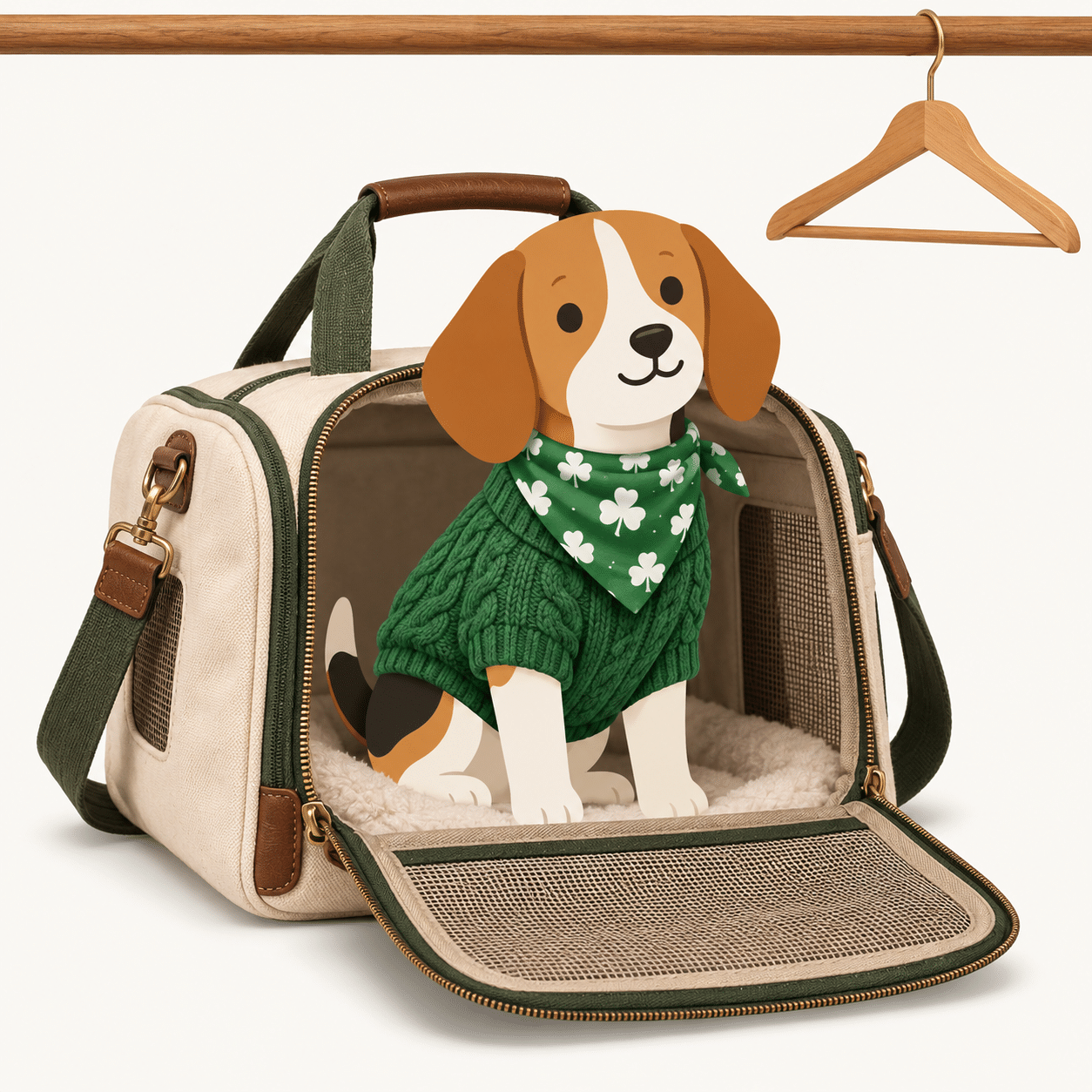 Illustration of a beagle in a green sweater and shamrock bandana sitting in a pet carrier bag