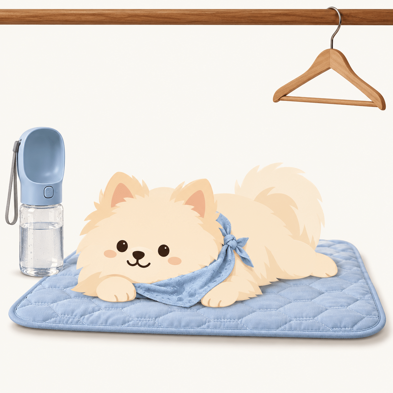 Illustration of a cream Pomeranian lying on a cooling mat in a damp cooling bandana beside a water bottle