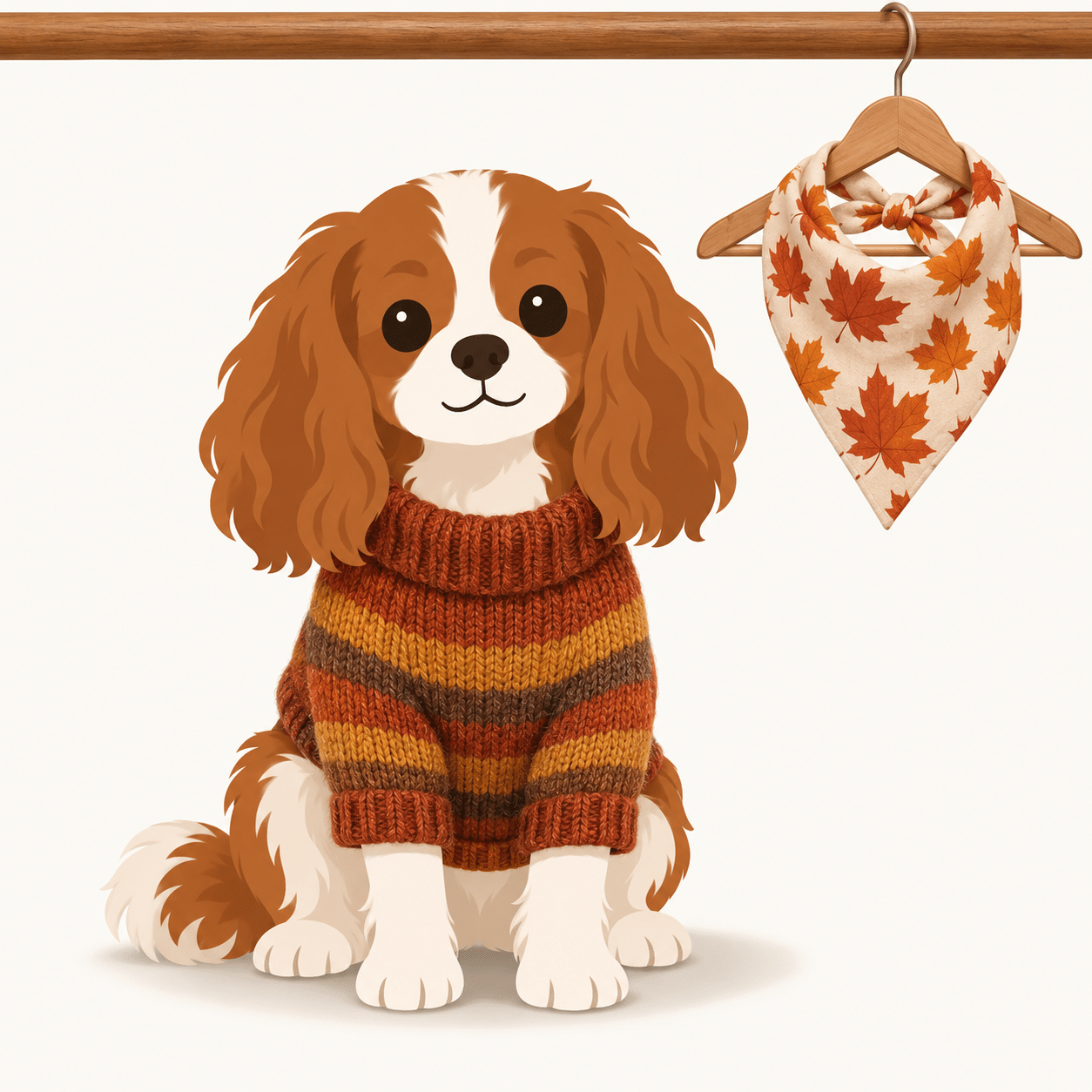 Illustration of a Cavalier spaniel in an autumn striped Thanksgiving sweater