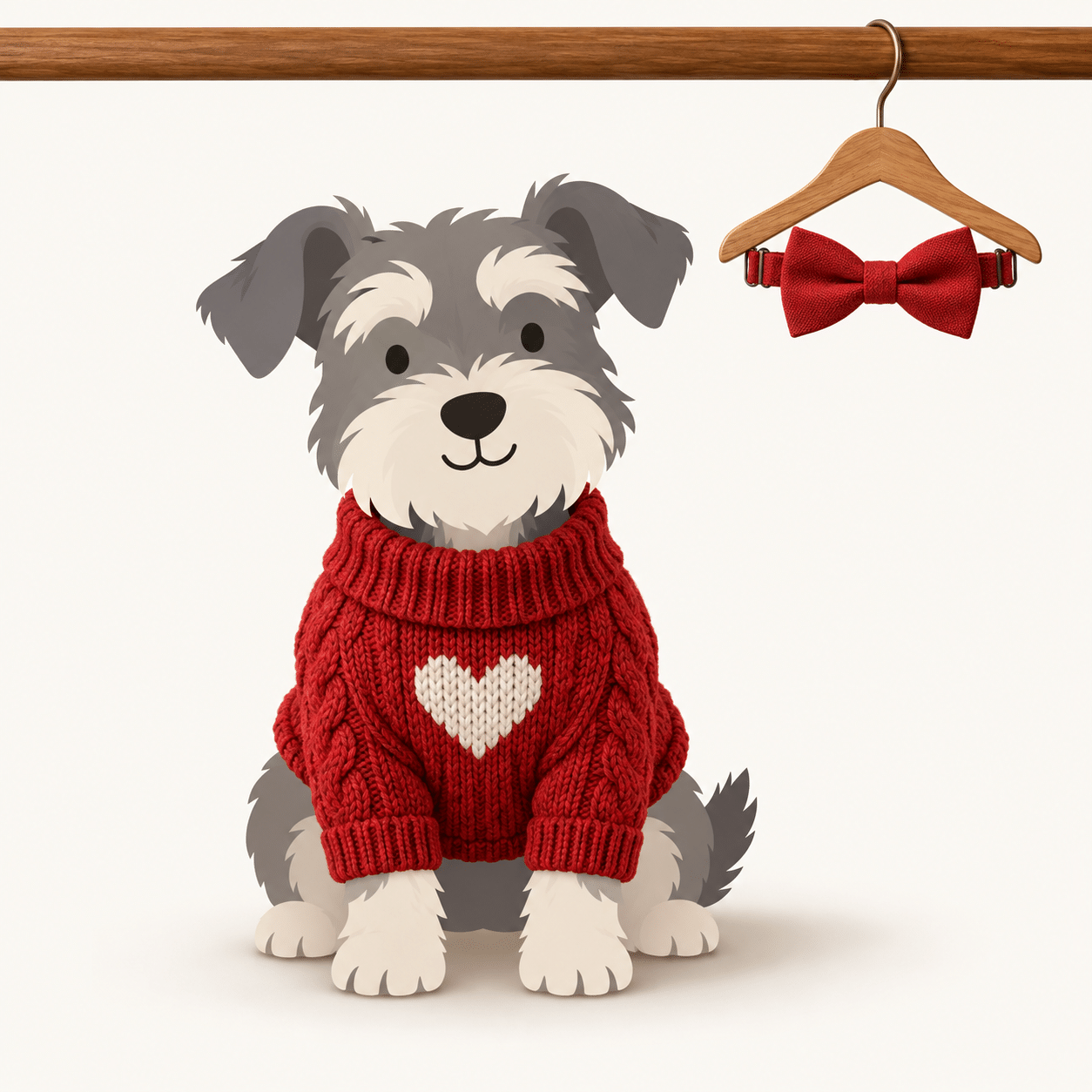 Illustration of a small terrier in a red heart sweater for Valentine's Day