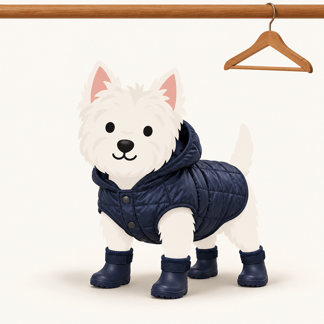 Illustration of a West Highland terrier in a navy puffer coat and rubber boots